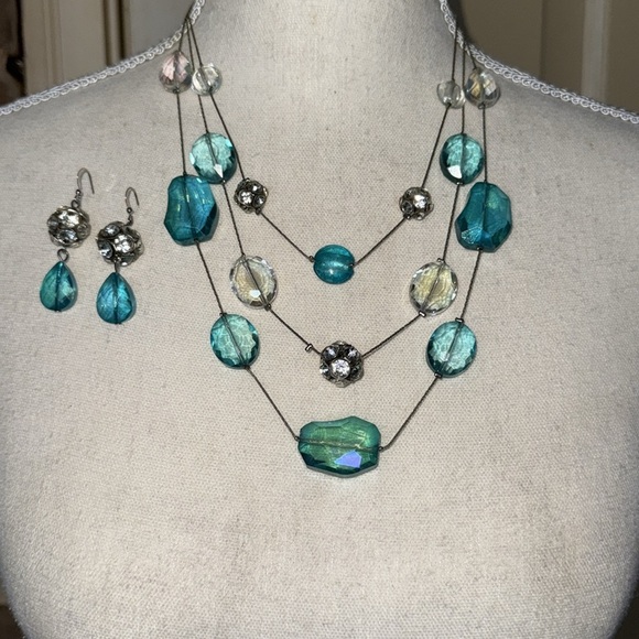 Teal & Crystal Beaded Multi-Strand Wire Necklace and Earring Set - Picture 7 of 10
